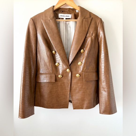VERONICA BEARD | Lawrence Dark Camel Croc Faux Leather Dickey Jacket Size 12 - Picture 3 of 9